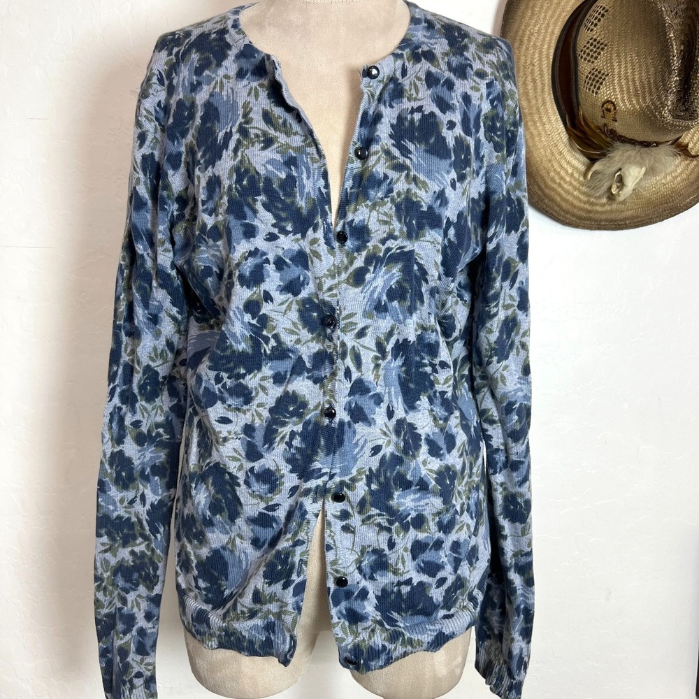 Croft & Barrow Blue Floral Cardigan Sweater sz S - 100% Pima Cotton Knit Cottage